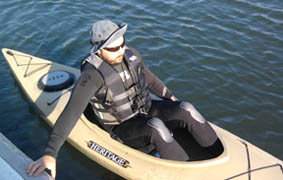 Dima kayaking in Santa Cruz Harbor